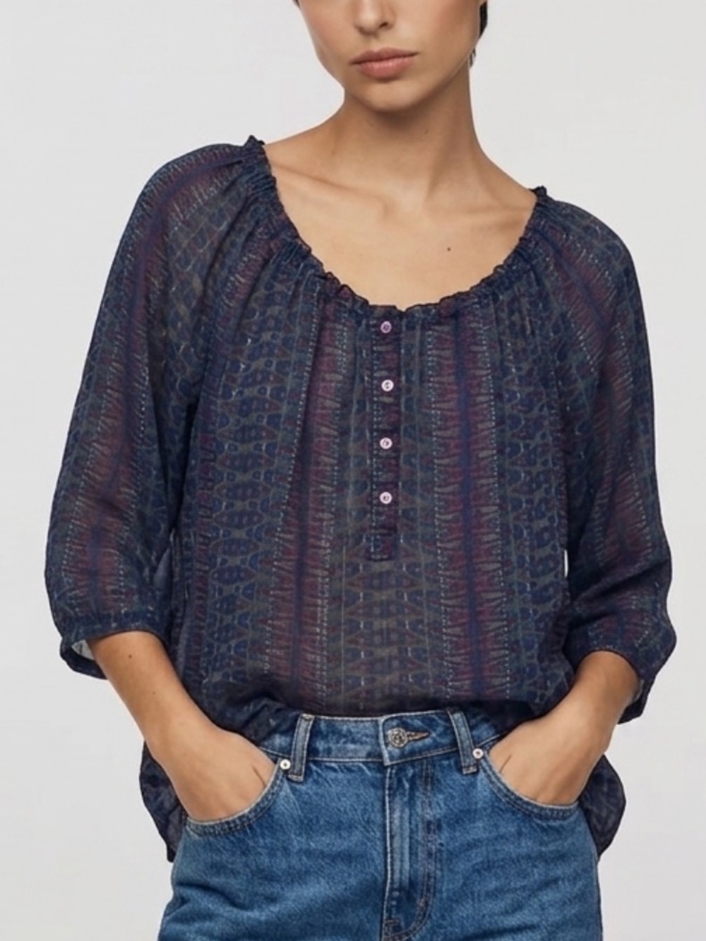 World Market Sheer Aztec Geometric Print Ruffle Scoop Neck Top Womens Size S/M